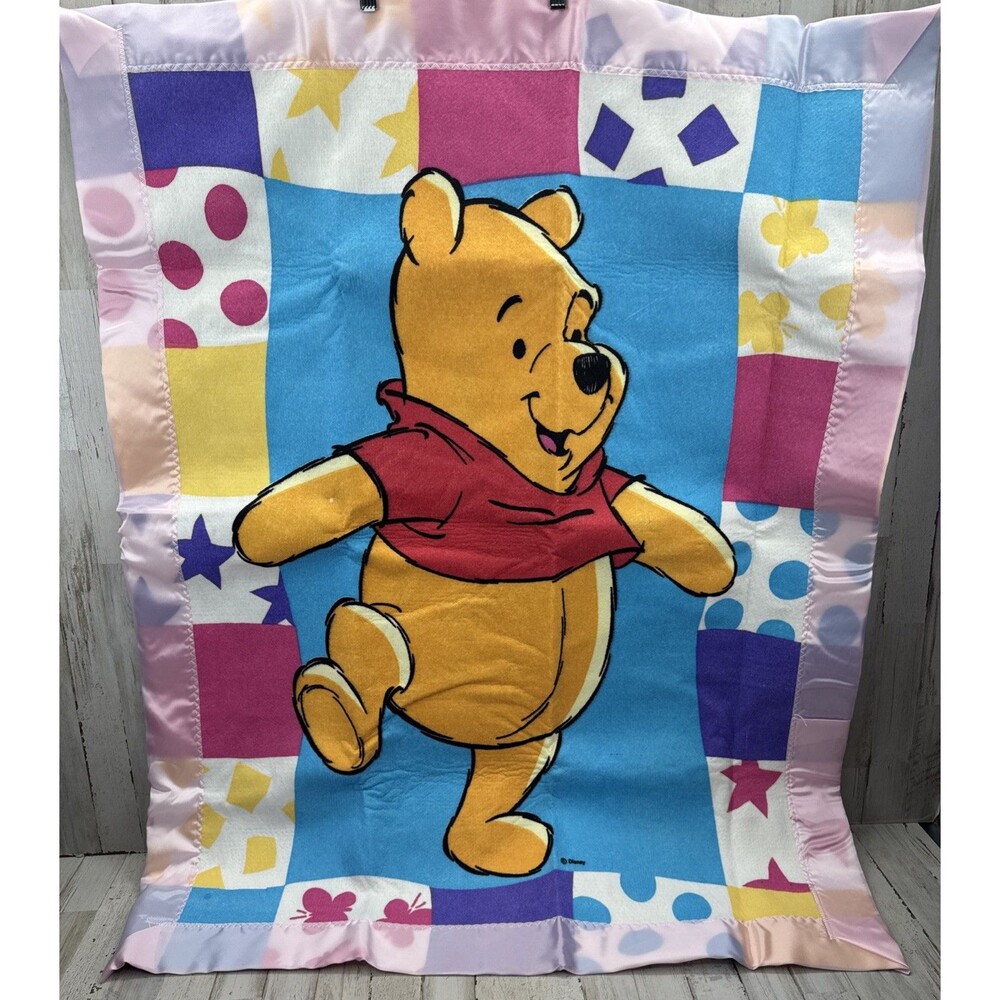 New Vintage Disney Winnie The Pooh Baby Crib Blanket Pink Satin Trim Bright USA